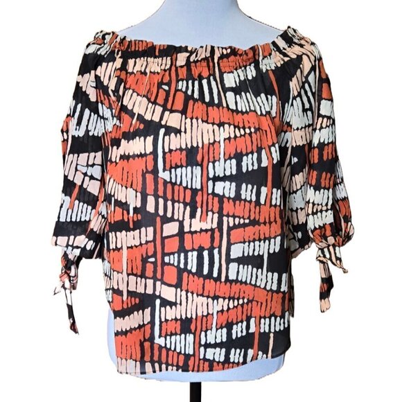 BCBGMaxAzria Silk Blend Off-Shoulder Boho Statement Top Medium Maximalist NWT - Picture 2 of 9